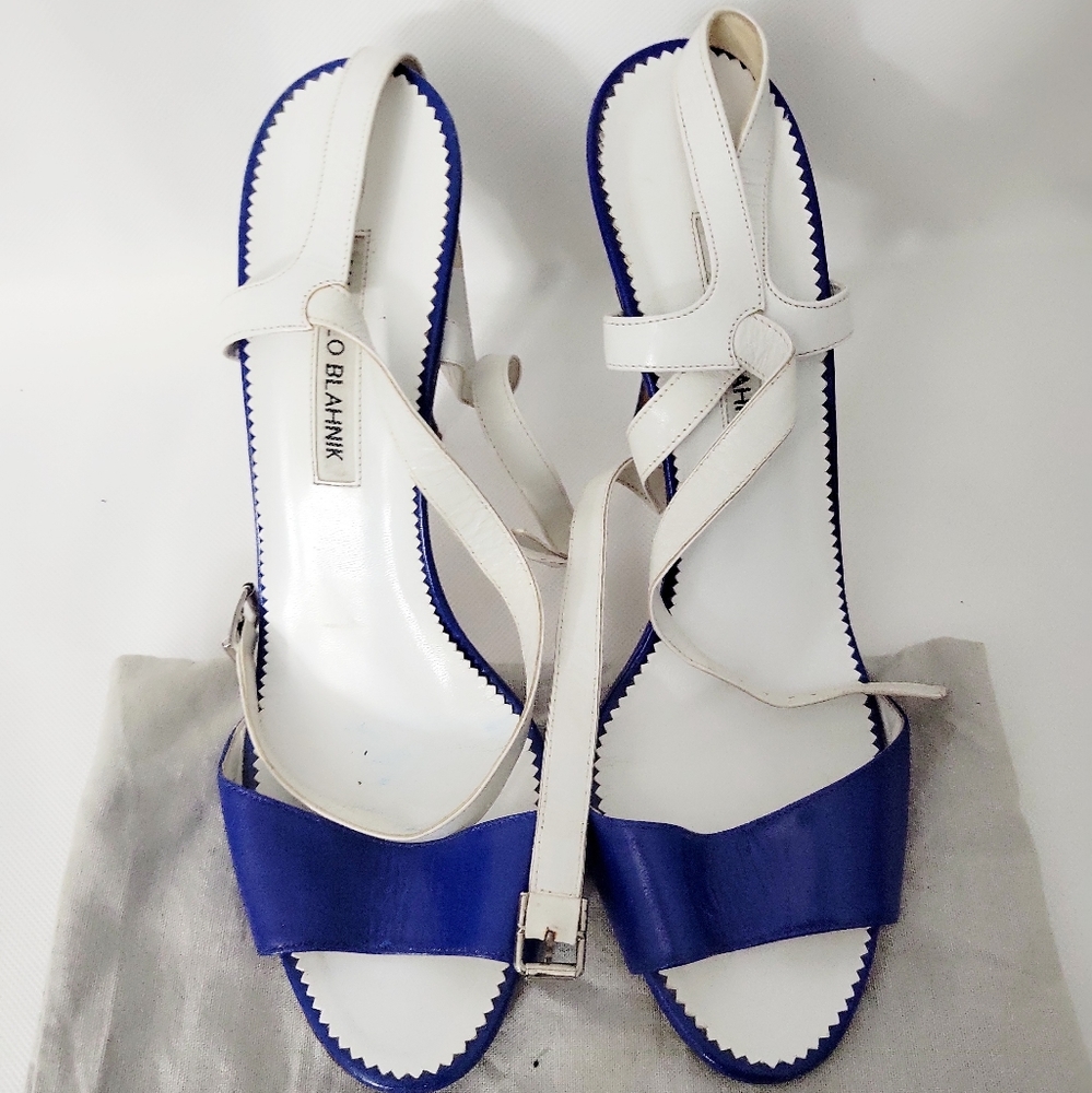 MANOLO BLAHNIK llonicabi BLUE/WHITE SANDALS sz 40.5 - Picture 2 of 5